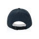 Vue arrière d’une casquette bleu foncé avec bouton supérieur, coutures verticales, deux œillets d’aération et ouverture centrale