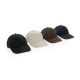 Composition de quatre casquettes à cinq panneaux disposées en perspective dans des coloris noir, beige, marron et bleu foncé, to