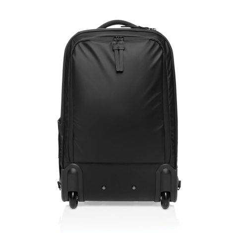 Vue arrière du sac à dos noir, avec fond rigide renforcé et deux roulettes intégrées.