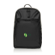 Vue de face d’un sac à dos noir pour ordinateur, avec poignée supérieure, poche frontale zippée et marquage vert visible sur la 