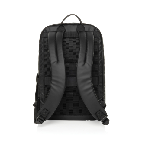 Vue arrière du sac à dos noir, avec panneau dorsal en maille et deux bretelles rembourrées réglables.