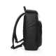 Vue de l’autre profil du sac à dos noir, avec poche frontale en relief, fermetures zippées et bretelles visibles à l’arrière.