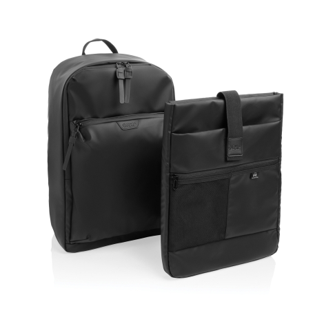 Sac à dos noir présenté avec son compartiment intérieur amovible placé devant, montrant les différentes poches et zones de range