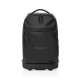 Vue de face d’un sac à dos de voyage noir à roulettes, avec poignée supérieure, plusieurs fermetures zippées et une grande poche Vue de face d’un sac à dos de voyage noir à roulettes, avec poignée supérieure, plusieurs fermetures zippées et une grande poche