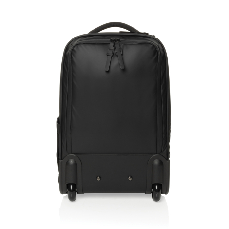 Vue arrière du sac à dos de voyage noir, avec deux roulettes intégrées dans un fond rigide renforcé.