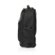 Vue de profil du sac à dos de voyage noir, montrant son épaisseur, une poche latérale et une roulette à la base. Vue de profil du sac à dos de voyage noir, montrant son épaisseur, une poche latérale et une roulette à la base.