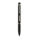 Vue de face d’un stylo à bille noir brillant, avec clip et bagues métalliques anthracite, et un marquage clair visible sur le co Vue de face d’un stylo à bille noir brillant, avec clip et bagues métalliques anthracite, et un marquage clair visible sur le co