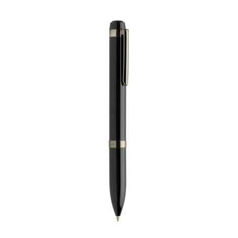 Vue de profil d’un stylo à bille noir brillant, montrant son long clip métallique anthracite et la bague centrale assortie.