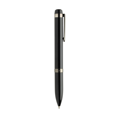 Vue du côté opposé du stylo à bille noir, avec corps brillant, clip métallique visible sur le côté et bague anthracite au centre