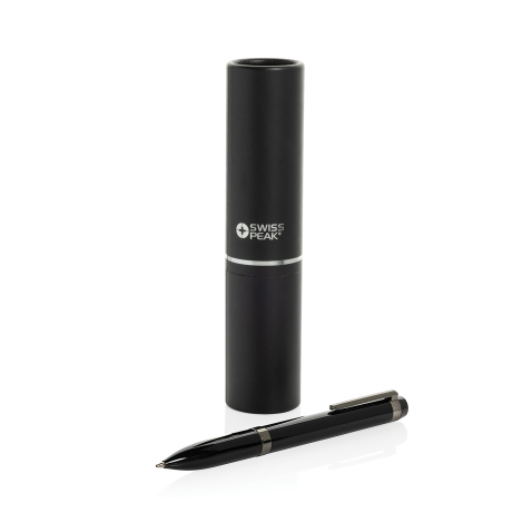 Stylo à bille noir posé devant un étui cylindrique noir vertical, avec finitions métalliques anthracite sur le clip et les bague