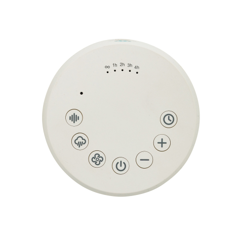 Vue du dessus de l’enceinte à bruit blanc blanche avec sept boutons circulaires disposés en arc de cercle et indicateurs de minu