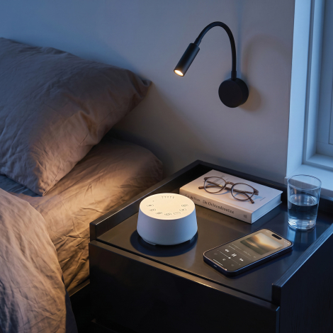 Mise en situation nocturne de l’enceinte à bruit blanc posée sur une table de chevet près d’un lit, accompagnée d’un smartphone,
