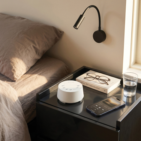Enceinte à bruit blanc blanche posée sur une table de chevet avec un smartphone, un verre d’eau, un livre et des lunettes, dans 