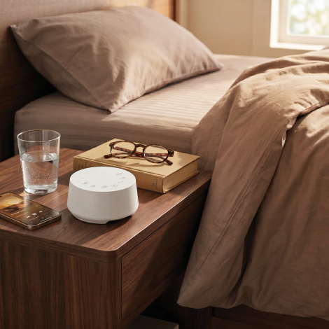 Mise en situation de l’enceinte à bruit blanc blanche sur une table de chevet en bois, à côté d’un smartphone, d’un verre d’eau,