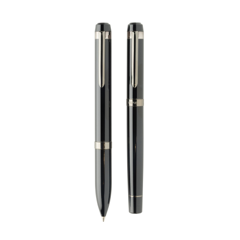 Vue de face du stylo à bille et du roller noirs assortis, avec finition brillante, clips métalliques argentés et bagues décorati
