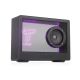 Enceinte noire vue de trois quarts avec éclairage violet autour du panneau translucide, haut-parleur circulaire à droite et marq Enceinte noire vue de trois quarts avec éclairage violet autour du panneau translucide, haut-parleur circulaire à droite et marq