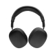 Vue de face d’un casque audio noir avec arceau rembourré et deux larges écouteurs ovales aux coques extérieures lisses, reliés p Vue de face d’un casque audio noir avec arceau rembourré et deux larges écouteurs ovales aux coques extérieures lisses, reliés p