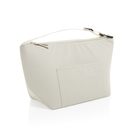 Sac isotherme blanc présenté de trois quarts, avec poche extérieure rectangulaire, fermeture zippée supérieure et bandoulière ré