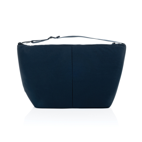 Vue arrière d’un sac isotherme bleu foncé à base élargie, avec couture verticale centrale, fermeture zippée supérieure et bandou
