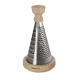 Râpe conique en métal installée sur son support rond en bois, avec poignée en bois clair et plusieurs surfaces de râpage visible Râpe conique en métal installée sur son support rond en bois, avec poignée en bois clair et plusieurs surfaces de râpage visible