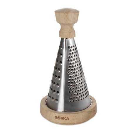 Râpe conique en métal installée sur son support rond en bois, avec poignée en bois clair et plusieurs surfaces de râpage visible