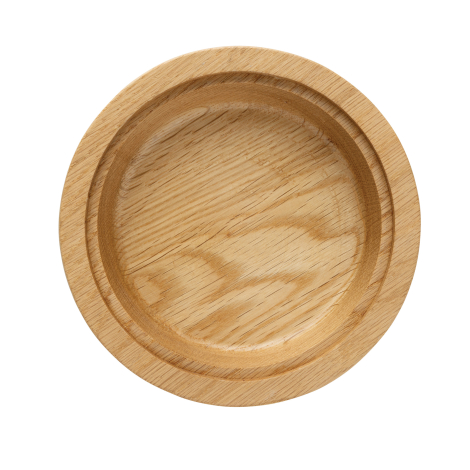 Support rond en bois vu de dessus, avec partie centrale creusée et rebord périphérique.