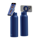 Deux gourdes bleues avec bouchon à support circulaire articulé, chacune maintenant un smartphone dans une orientation différente Deux gourdes bleues avec bouchon à support circulaire articulé, chacune maintenant un smartphone dans une orientation différente