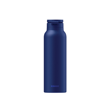 Gourde bleue présentée de face, avec corps cylindrique et bouchon intégrant un support circulaire replié.