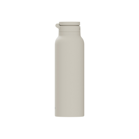 Gourde beige présentée de face, avec corps cylindrique et bouchon intégrant un support circulaire replié.