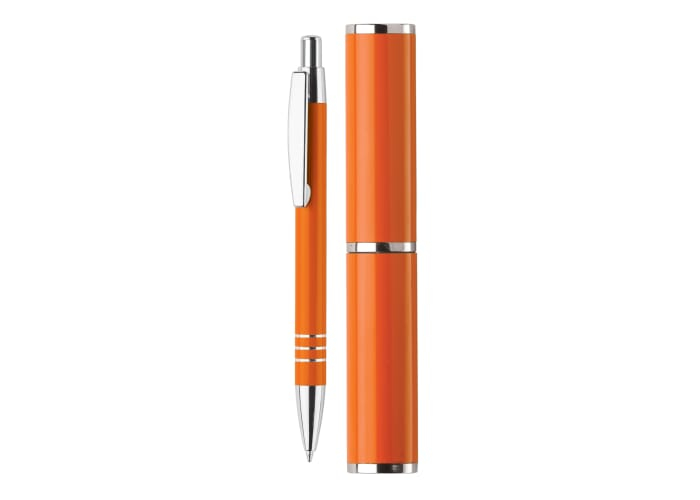 Stylo bille publicitaire dans tube métal Orange