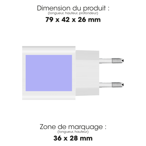 chéma d’un chargeur secteur blanc vu de côté, avec deux broches métalliques et une zone rectangulaire de marquage matérialisée s