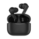 Écouteurs intra-auriculaires sans fil noirs avec embouts en silicone, présentés au-dessus de leur boîtier de charge ouvert. Un s