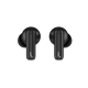 Paire d’écouteurs intra-auriculaires sans fil noirs vue de face. Un symbole blanc est visible sur la tige de chaque écouteur.