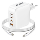 Chargeur blanc avec quatre ports et câble USB-C.