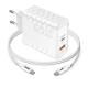 Chargeur secteur blanc à deux broches avec surface texturée, présenté avec un câble blanc USB-C vers USB-C. Les ports USB-C et U Chargeur secteur blanc à deux broches avec surface texturée, présenté avec un câble blanc USB-C vers USB-C. Les ports USB-C et U