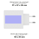 Chargeur secteur blanc vu de côté, avec une zone rectangulaire de marquage matérialisée sur la face latérale. Dimensions du prod Chargeur secteur blanc vu de côté, avec une zone rectangulaire de marquage matérialisée sur la face latérale. Dimensions du prod
