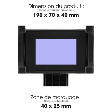 Vue du support pour smartphone de la perche à selfie, avec une zone rectangulaire de marquage matérialisée sur sa face arrière. 