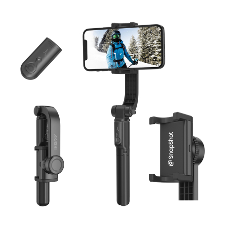 Perche à selfie noire présentée pliée et déployée avec un smartphone maintenu horizontalement. Une vue rapprochée du support mon