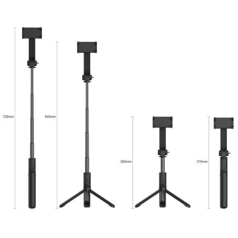 Perche à selfie noire présentée dans quatre configurations, déployée ou compacte, avec et sans trépied. Les hauteurs indiquées s