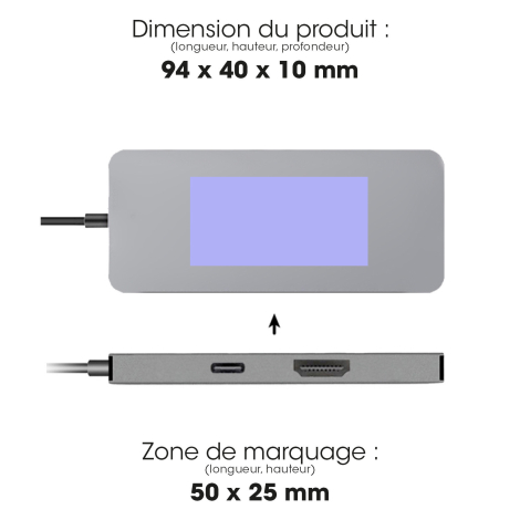 Hub avec dimensions et zone de marquage.