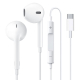 Écouteurs filaires blancs avec connecteur USB Type-C, présentés en gros plan avec leur télécommande intégrée comportant les comm