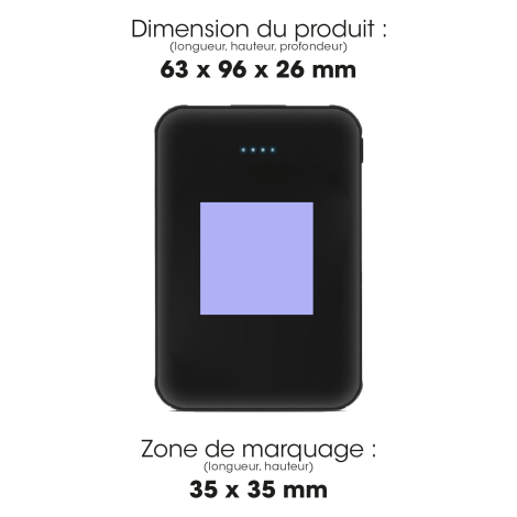 Batterie externe avec dimensions et zone de marquage.