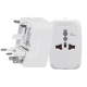 Adaptateur universel blanc avec fiches rétractables.