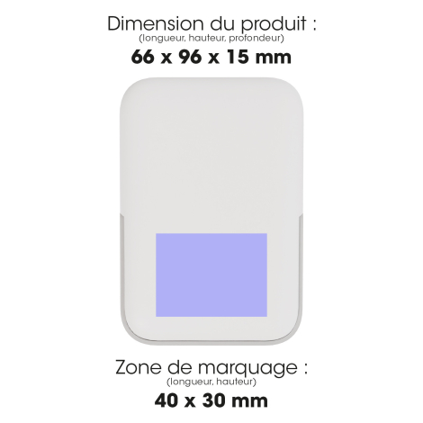 Vue arrière de la batterie avec indication des dimensions du produit et de la zone de marquage située sur la partie inférieure.