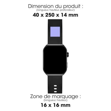 Montre connectée avec dimensions et zone de marquage.