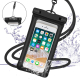 Étui étanche noir pour smartphone avec fenêtre transparente et dragonne. Étui étanche noir pour smartphone avec fenêtre transparente et dragonne.