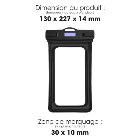 Étui étanche noir avec zone de marquage sur la partie supérieure.