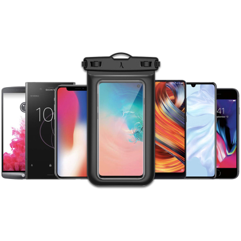 Étui étanche présenté avec plusieurs formats de smartphones.