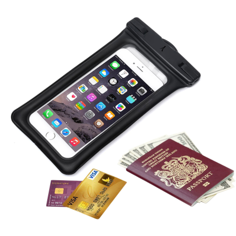 Étui étanche avec smartphone, passeport, cartes et billets.