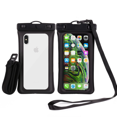 Étui étanche pour smartphone présenté de face et de dos avec sa sangle.